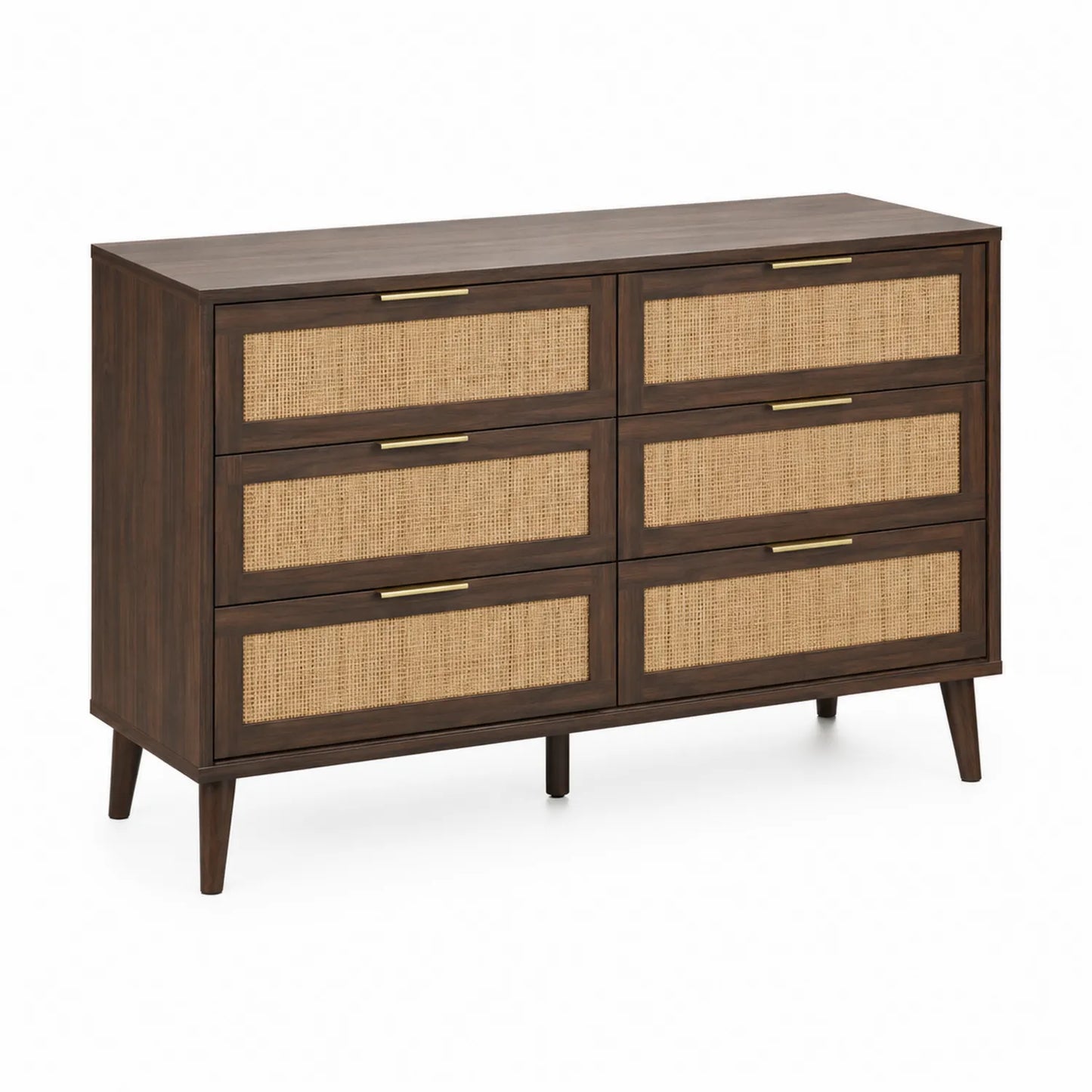 Kommode aus Kiefernholz mit Rattanfronten Dunkelbraun 6 Schubladen