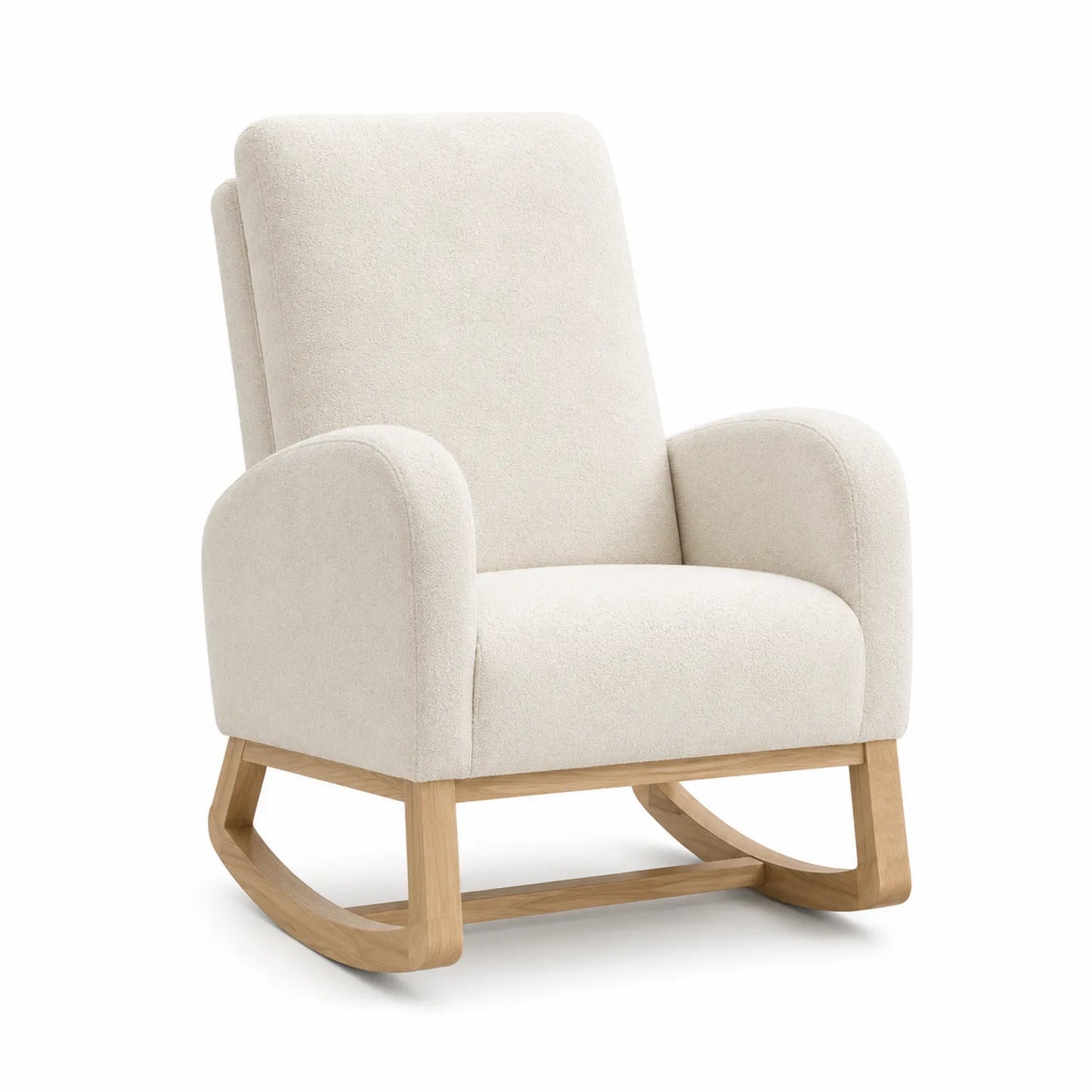 Schaukelstuhl aus Holz mit Bouclé-Stoff in Creme