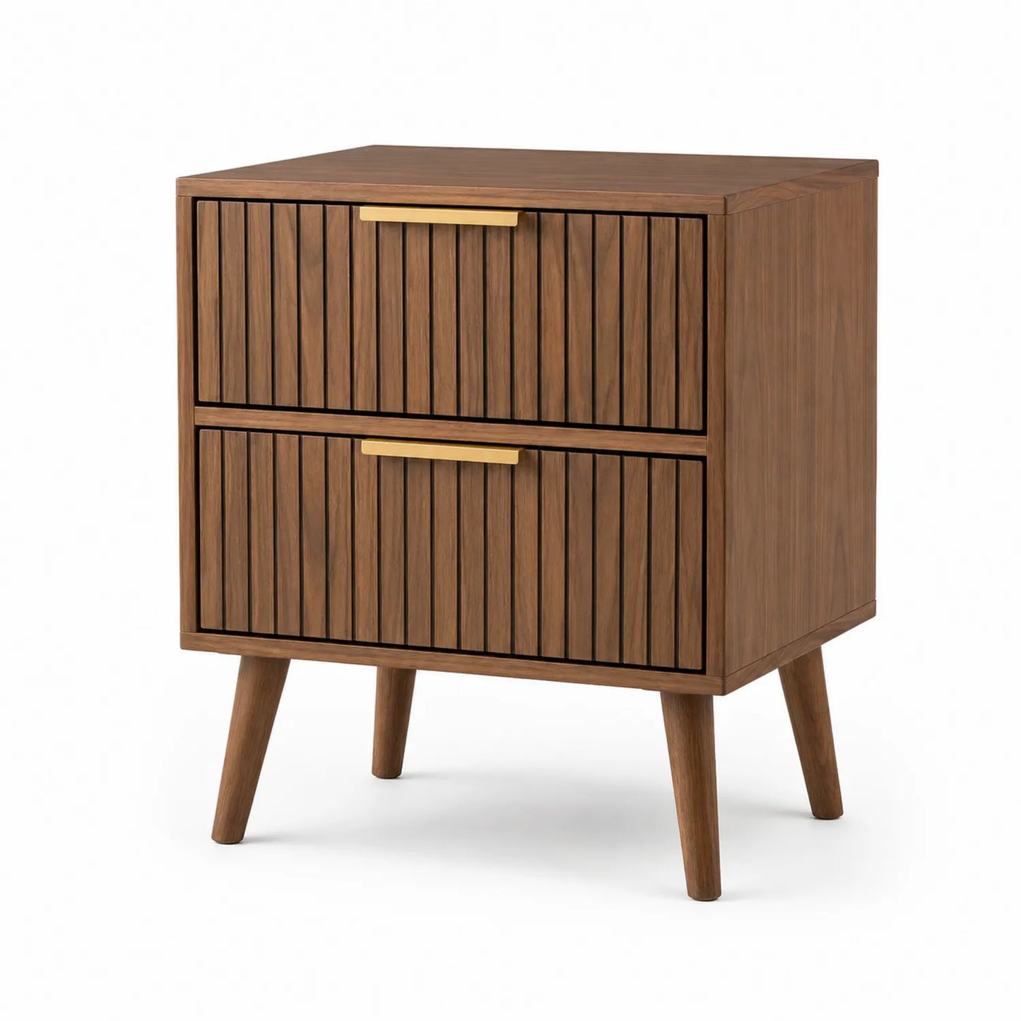 Holz-Nachttisch mit 2 Schubladen und Metallgriffen, Braun