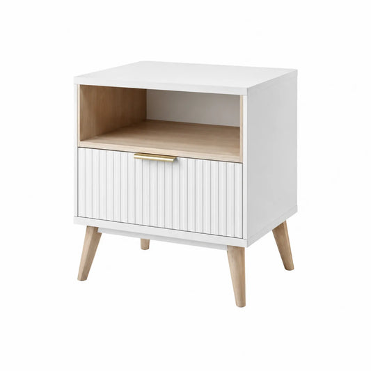 Nachttisch MDF und Massivholz Weiß mit 1 Schublade 45x35x55 cm