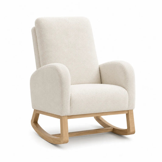 Schaukelstuhl aus Holz mit Bouclé-Stoff in Creme