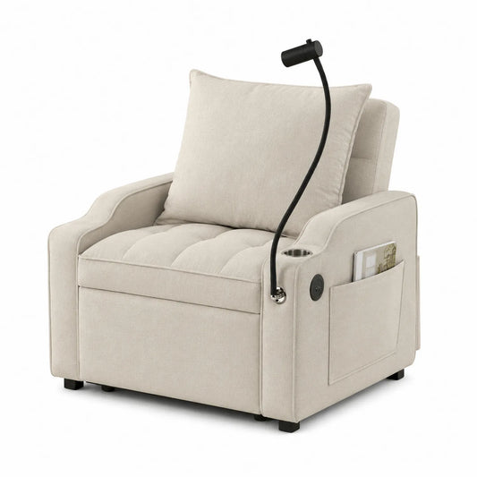 Verstellbarer Leinenstoff-Sessel Beige mit Leselampe
