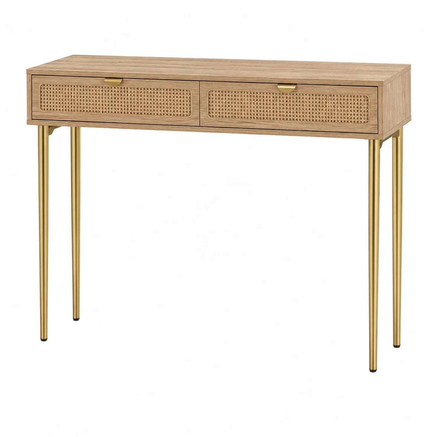 Konsolentisch aus Eiche furniert mit Metallbeinen, Braun/Gold, 120 cm